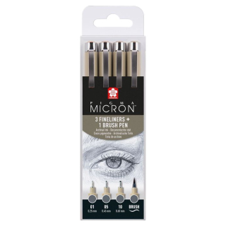 Set mit technischen Stiften Sakura Pigma Micron 3 fineliners a brush pen | dunkelgraue Farbtöne