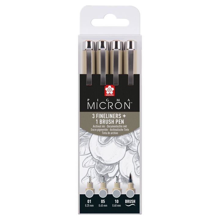 Satz technischer Stifte Sakura Pigma Micron 3 fineliners a brush pen | Grautöne