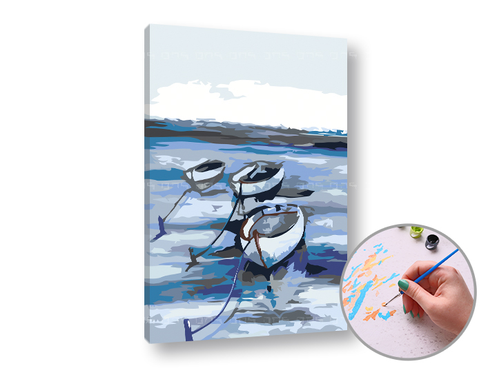 Malen nach Zahlen BOATS AT SEA - niedriger Schwierigkeitsgrad | 60x40 cm - stretched canvas on the frame | 60x40 cm - stretched canvas on the frame