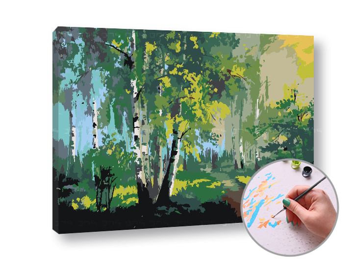 Malen nach Zahlen WALKING THROUGH THE FOREST - niedriger Schwierigkeitsgrad | 70x50 cm - stretched canvas on the frame | 70x50 cm - stretched canvas on the frame