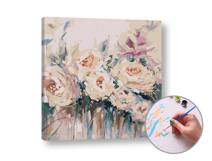 Malen nach Zahlen WHITE FLOWERS - mittlerer Schwierigkeitsgrad | 50x50 cm - stretched canvas on the frame | 50x50 cm - stretched canvas on the frame