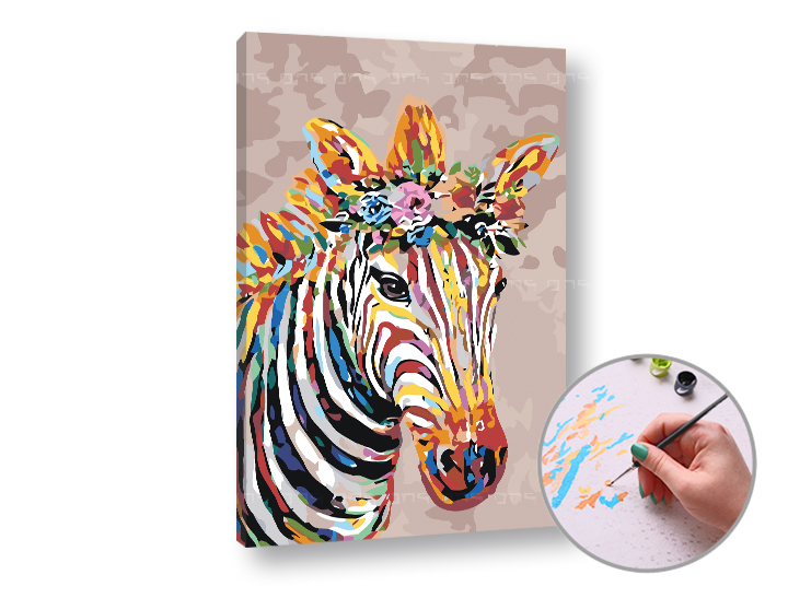 Malen nach Zahlen ZEBRA WITH FLOWERS - mittlerer Schwierigkeitsgrad | 60x40 cm - stretched canvas on the frame | 60x40 cm - stretched canvas on the frame